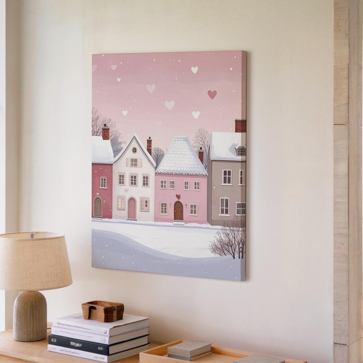 Winter Romance Village Canvas – Minimalistic Pastel Houses & Floating Hearts - Gifitto