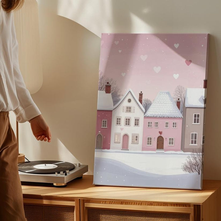 Winter Romance Village Canvas – Minimalistic Pastel Houses & Floating Hearts - Gifitto