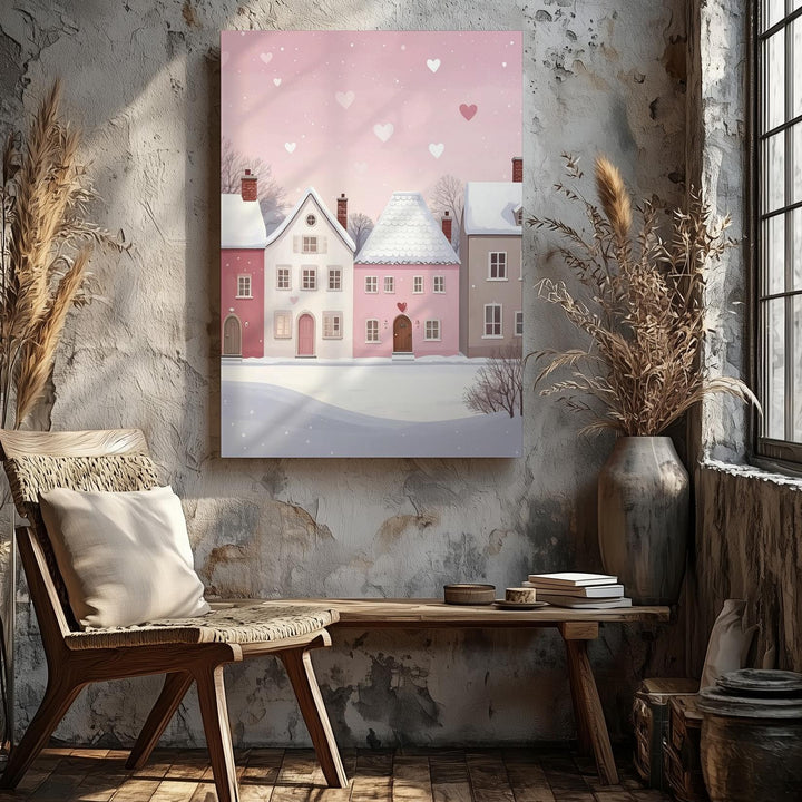 Winter Romance Village Canvas – Minimalistic Pastel Houses & Floating Hearts - Gifitto