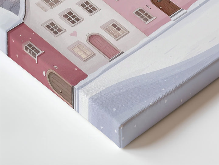 Winter Romance Village Canvas – Minimalistic Pastel Houses & Floating Hearts - Gifitto