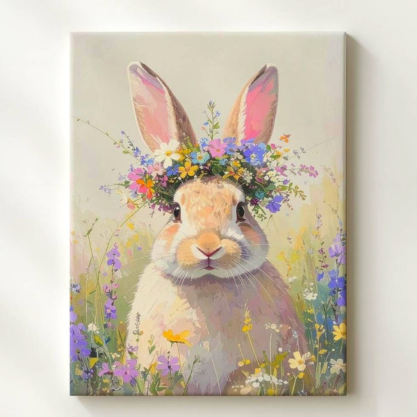 Floral Crown Rabbit Canvas – Playful Bunny with Multicolored Wildflowers - Gifitto