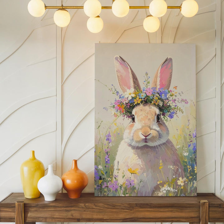 Floral Crown Rabbit Canvas – Playful Bunny with Multicolored Wildflowers - Gifitto