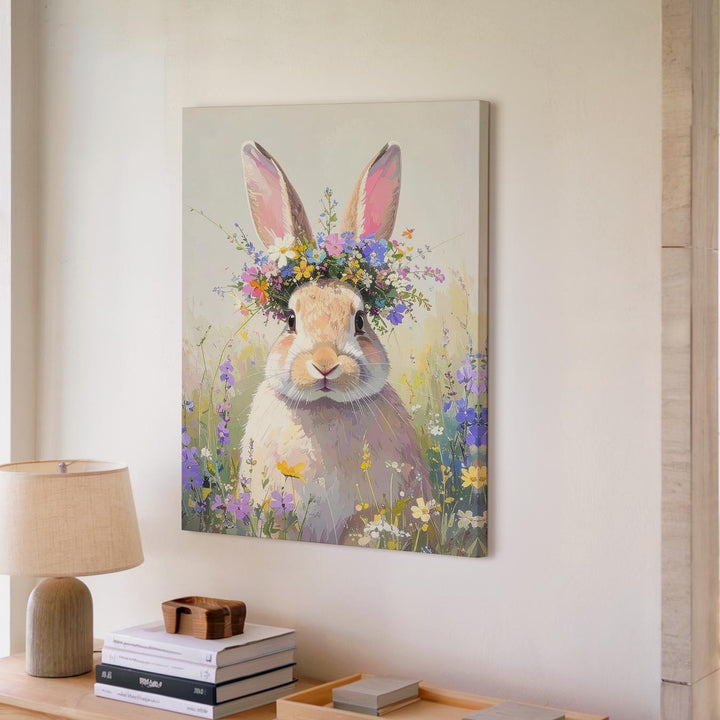 Floral Crown Rabbit Canvas – Playful Bunny with Multicolored Wildflowers - Gifitto