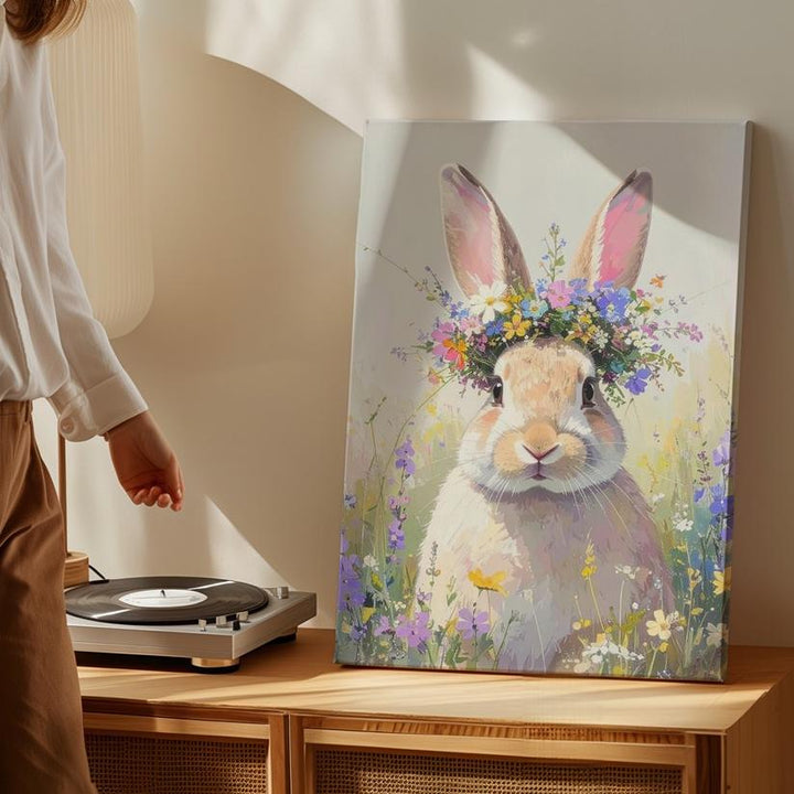 Floral Crown Rabbit Canvas – Playful Bunny with Multicolored Wildflowers - Gifitto