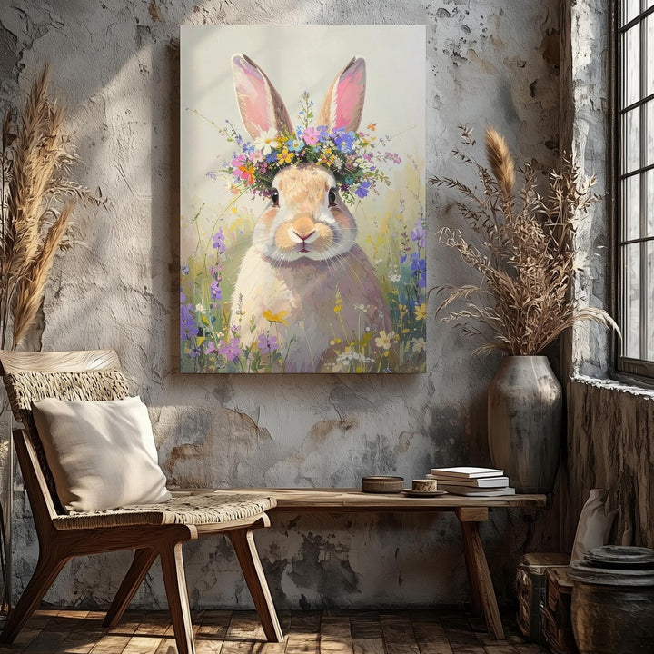 Floral Crown Rabbit Canvas – Playful Bunny with Multicolored Wildflowers - Gifitto