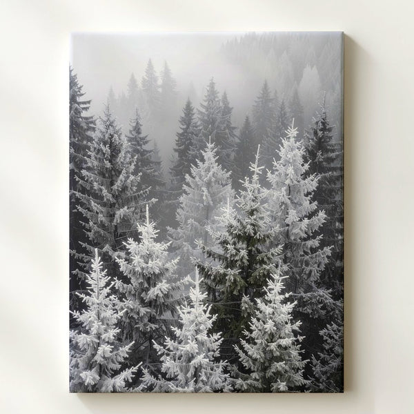 Frosted Conifer Forest Canvas – Monochrome Winter Wilderness Wall Art