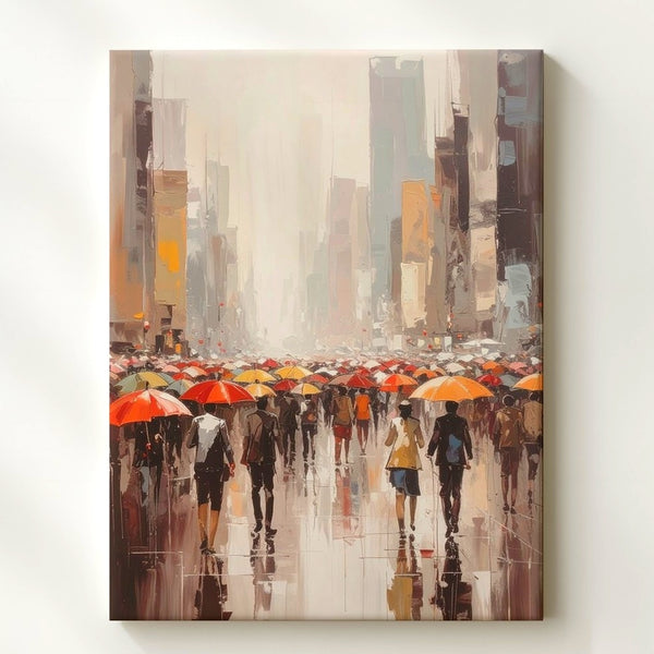 Umbrella Rhythm Canvas – Impressionist Rainy Street with Colorful Crowd