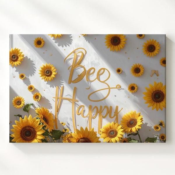 Bee Happy Sunflower Canvas – Whimsical Floral Quote Wall Art - Gifitto