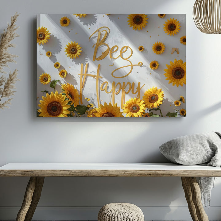 Bee Happy Sunflower Canvas – Whimsical Floral Quote Wall Art - Gifitto