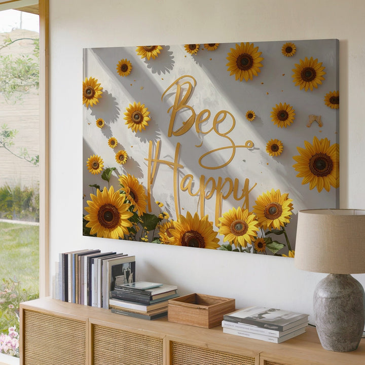Bee Happy Sunflower Canvas – Whimsical Floral Quote Wall Art - Gifitto