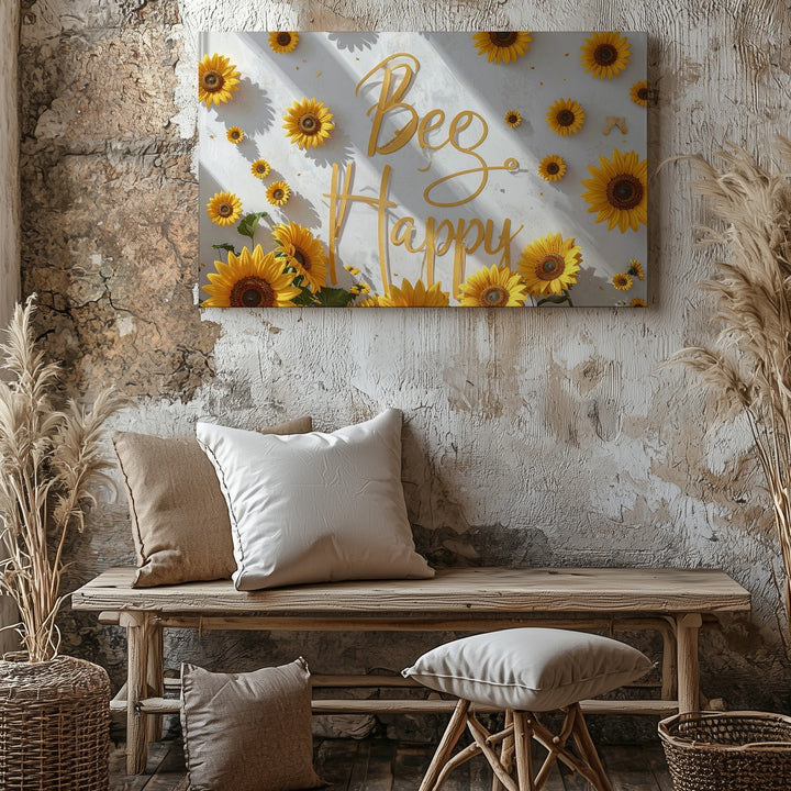 Bee Happy Sunflower Canvas – Whimsical Floral Quote Wall Art - Gifitto