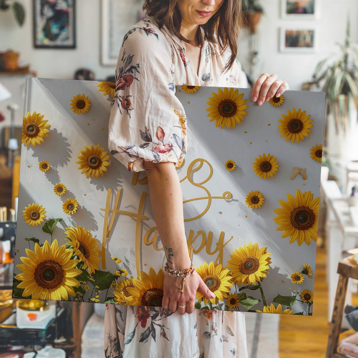 Bee Happy Sunflower Canvas – Whimsical Floral Quote Wall Art - Gifitto