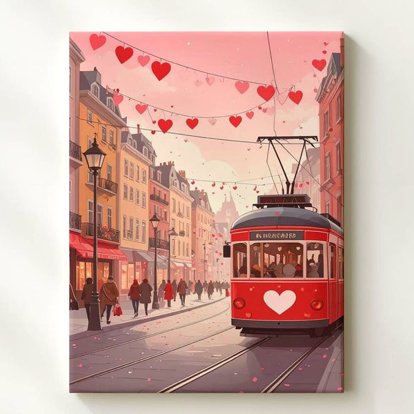 Urban Love Tram Canvas – Red Tram & Heart-Shaped Garlands on Festive City Street - Gifitto