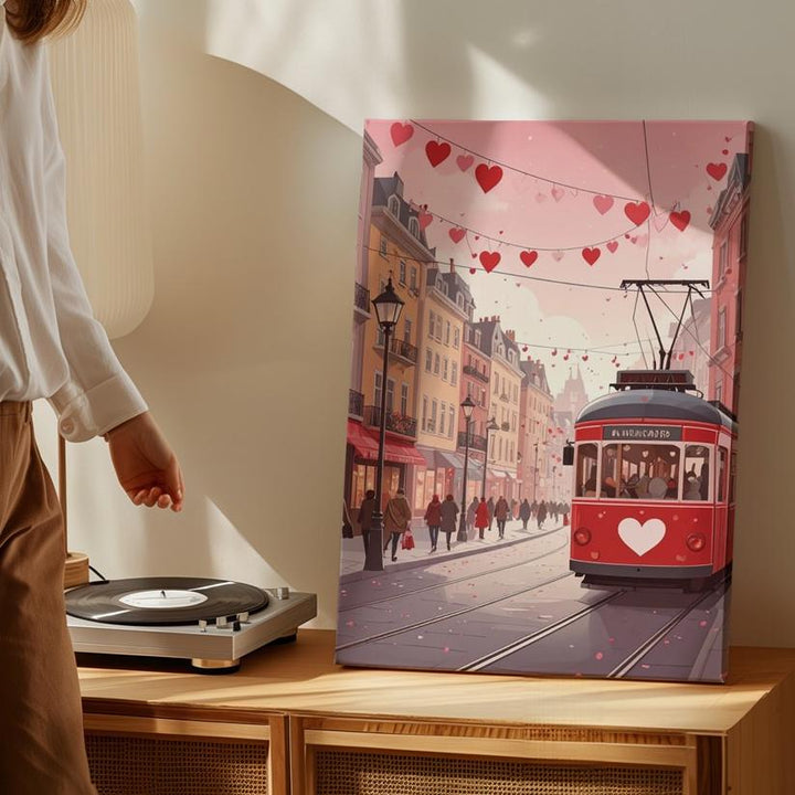 Urban Love Tram Canvas – Red Tram & Heart-Shaped Garlands on Festive City Street - Gifitto