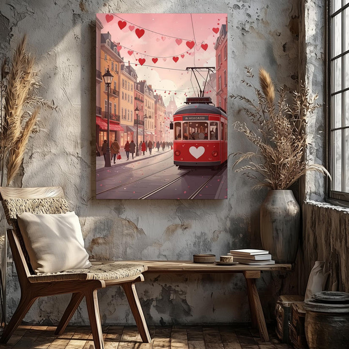 Urban Love Tram Canvas – Red Tram & Heart-Shaped Garlands on Festive City Street - Gifitto