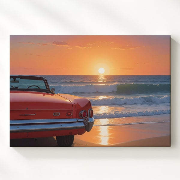 Sunset Vintage Red Convertible Canvas – Nostalgic Beachside Automotive Art - Gifitto