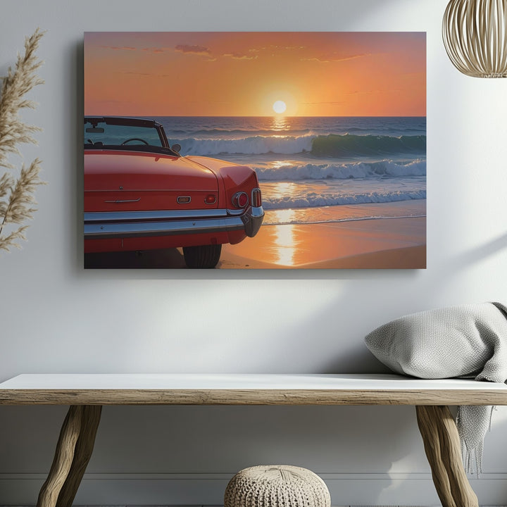 Sunset Vintage Red Convertible Canvas – Nostalgic Beachside Automotive Art - Gifitto