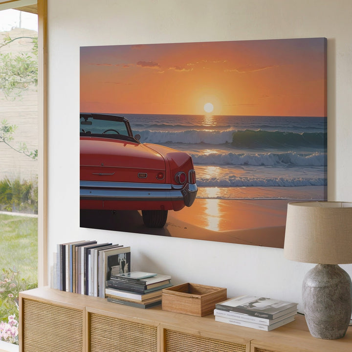 Sunset Vintage Red Convertible Canvas – Nostalgic Beachside Automotive Art - Gifitto