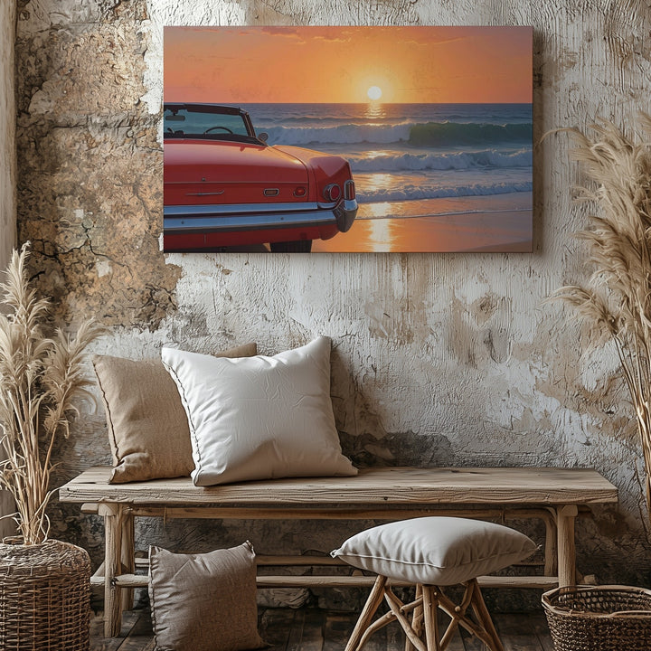Sunset Vintage Red Convertible Canvas – Nostalgic Beachside Automotive Art - Gifitto