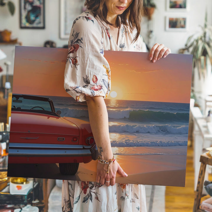 Sunset Vintage Red Convertible Canvas – Nostalgic Beachside Automotive Art - Gifitto