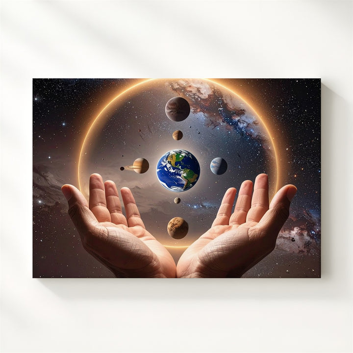 Hands of the Cosmos Canvas – Earth & Planet Alignment with Spiritual Glow - Gifitto