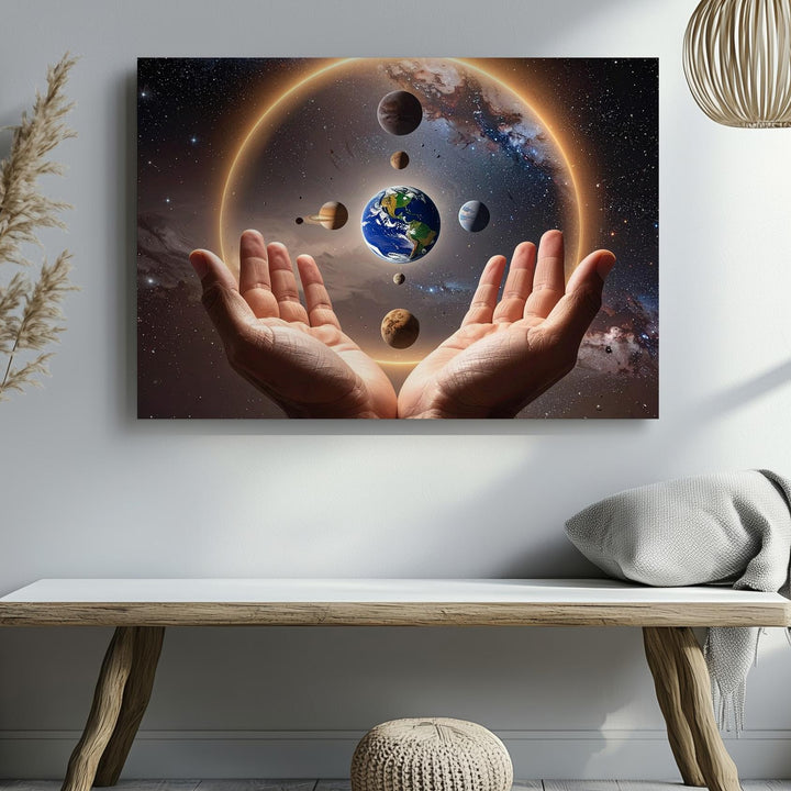 Hands of the Cosmos Canvas – Earth & Planet Alignment with Spiritual Glow - Gifitto
