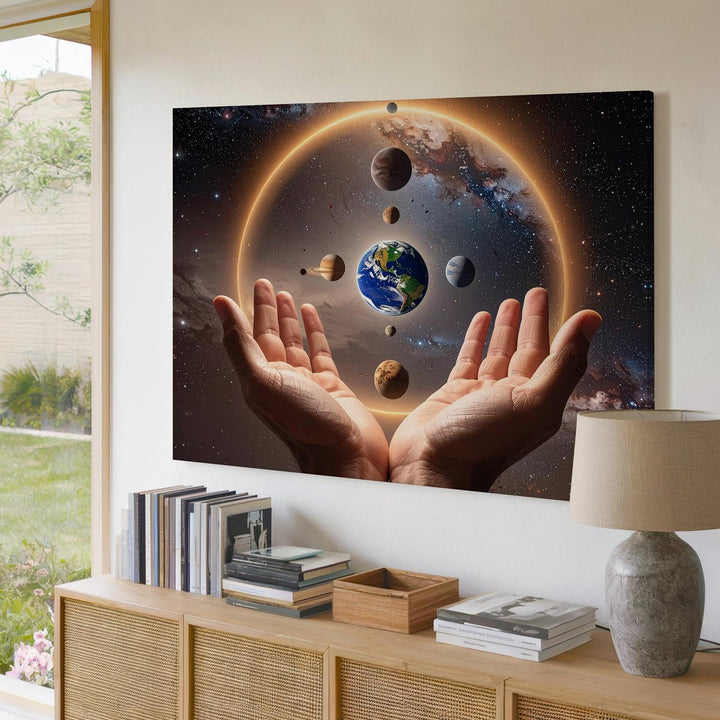 Hands of the Cosmos Canvas – Earth & Planet Alignment with Spiritual Glow - Gifitto