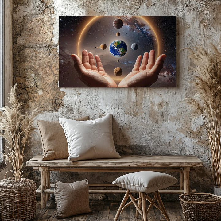 Hands of the Cosmos Canvas – Earth & Planet Alignment with Spiritual Glow - Gifitto