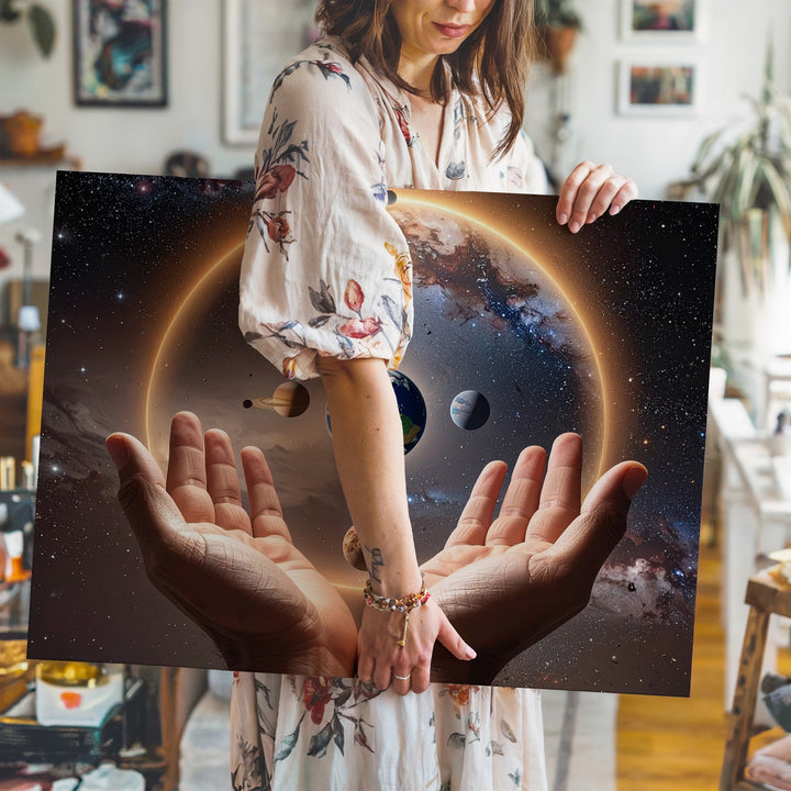 Hands of the Cosmos Canvas – Earth & Planet Alignment with Spiritual Glow - Gifitto