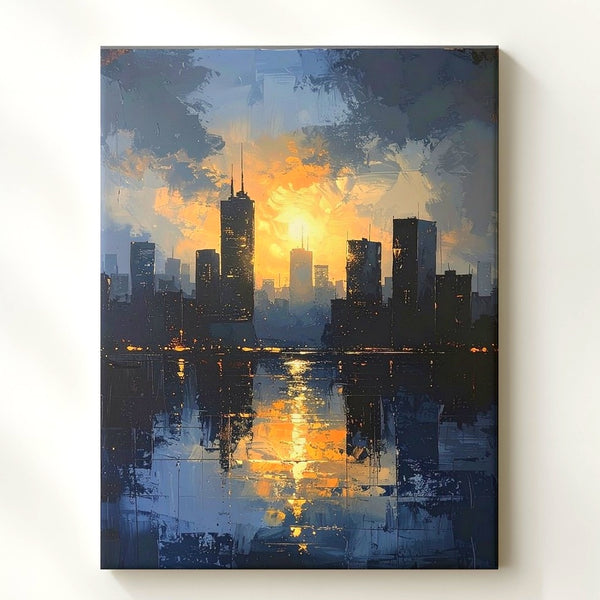 Golden Glow Skyline Canvas – Moody Futuristic Cityscape at Dusk - Gifitto