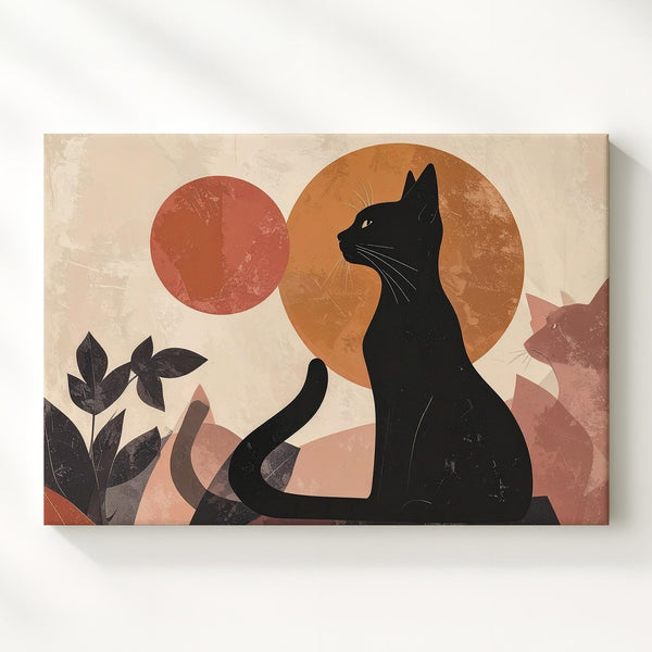Black Cat Silhouette Canvas – Abstract Art with Terracotta and Peach Circles - Gifitto