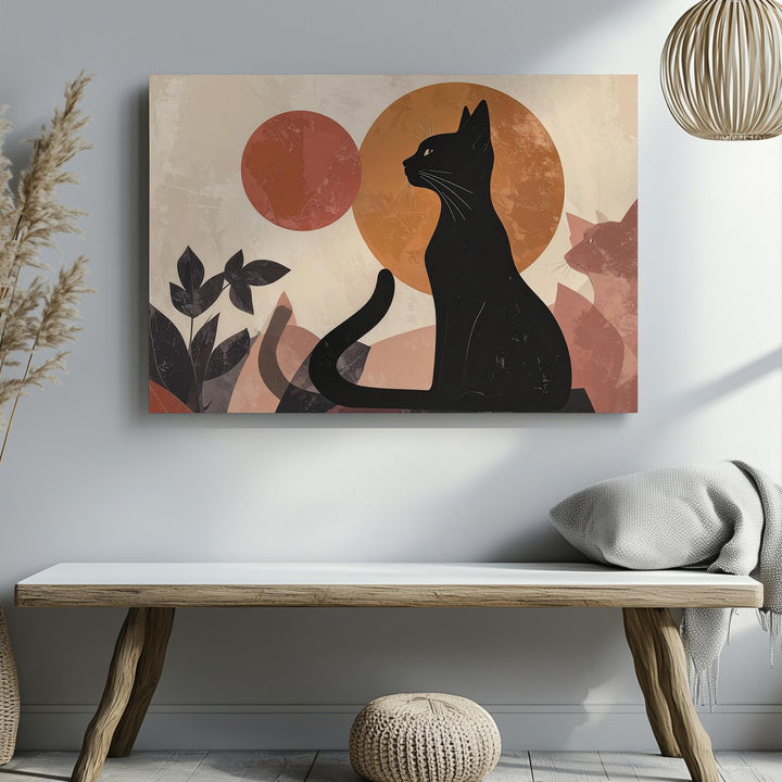 Black Cat Silhouette Canvas – Abstract Art with Terracotta and Peach Circles - Gifitto