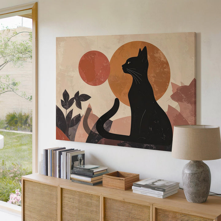 Black Cat Silhouette Canvas – Abstract Art with Terracotta and Peach Circles - Gifitto