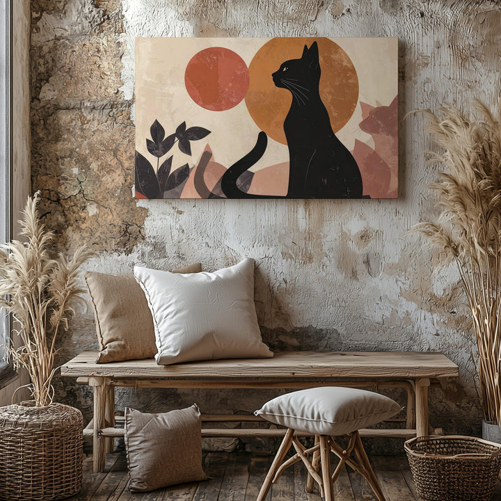 Black Cat Silhouette Canvas – Abstract Art with Terracotta and Peach Circles - Gifitto