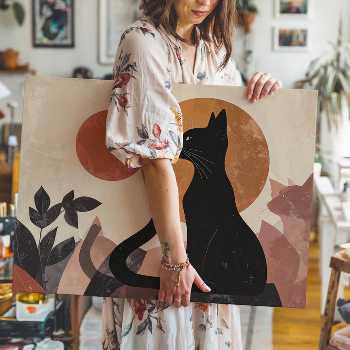 Black Cat Silhouette Canvas – Abstract Art with Terracotta and Peach Circles - Gifitto