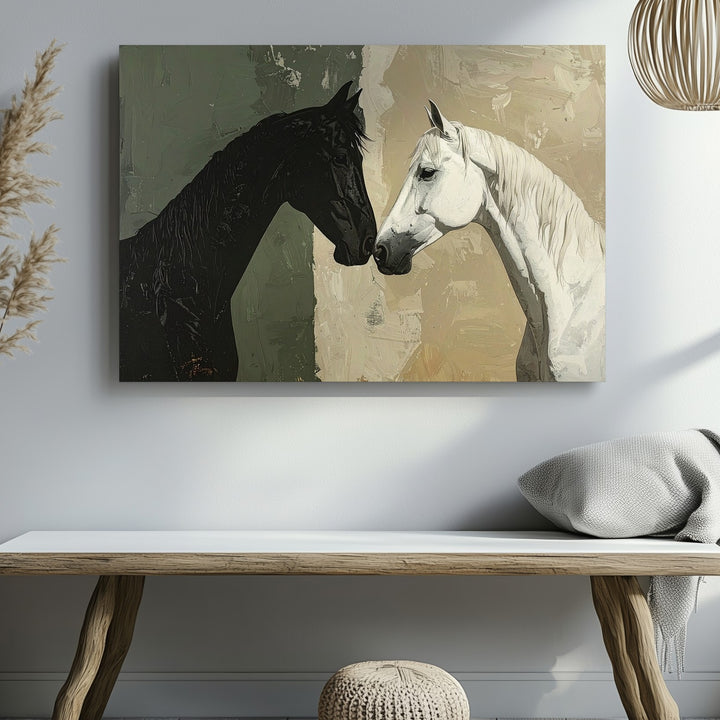 Duality of Horses Canvas – Minimalist Black and White Equestrian Art - Gifitto
