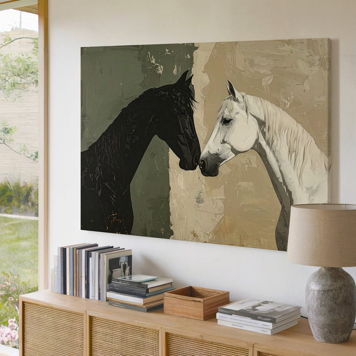 Duality of Horses Canvas – Minimalist Black and White Equestrian Art - Gifitto