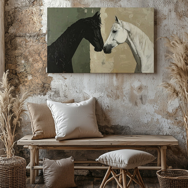 Duality of Horses Canvas – Minimalist Black and White Equestrian Art - Gifitto