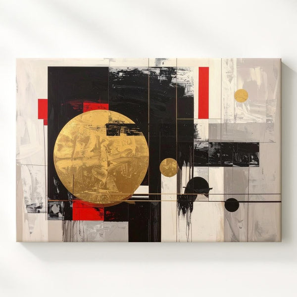 Modern Abstract Balance Canvas – Minimalist Geometric Art in Black, Gold & Red - Gifitto