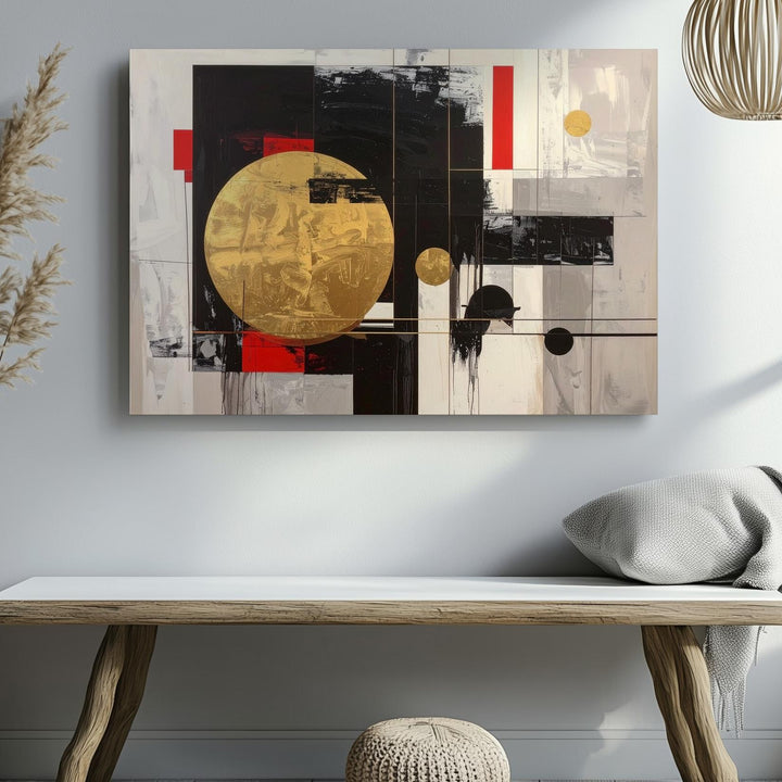 Modern Abstract Balance Canvas – Minimalist Geometric Art in Black, Gold & Red - Gifitto