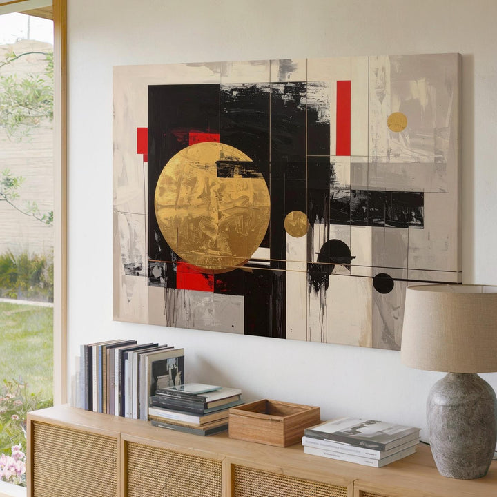 Modern Abstract Balance Canvas – Minimalist Geometric Art in Black, Gold & Red - Gifitto