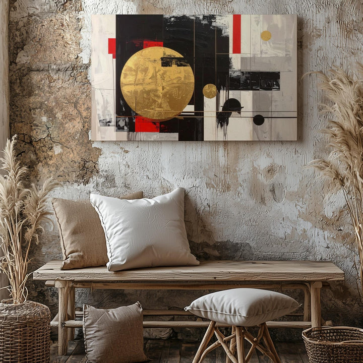 Modern Abstract Balance Canvas – Minimalist Geometric Art in Black, Gold & Red - Gifitto