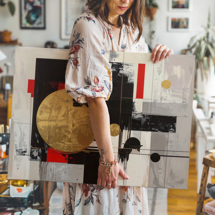 Modern Abstract Balance Canvas – Minimalist Geometric Art in Black, Gold & Red - Gifitto