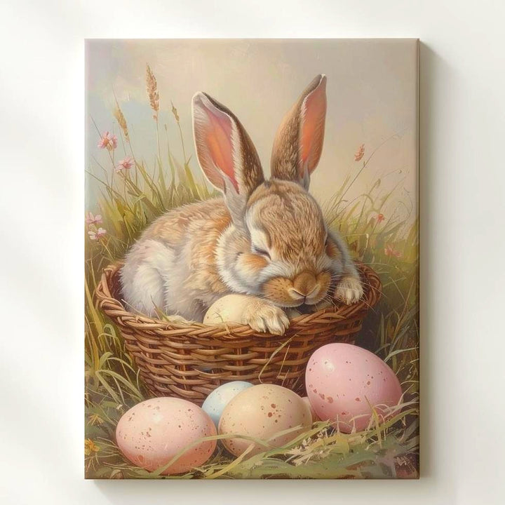 Sleeping Rabbit in Basket Canvas – Serene Spring Scene with Pastel Eggs - Gifitto