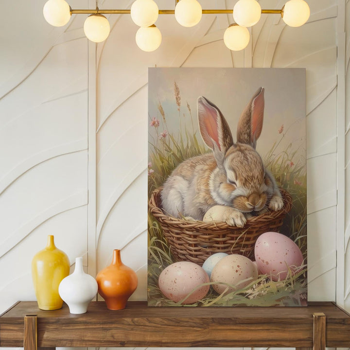 Sleeping Rabbit in Basket Canvas – Serene Spring Scene with Pastel Eggs - Gifitto