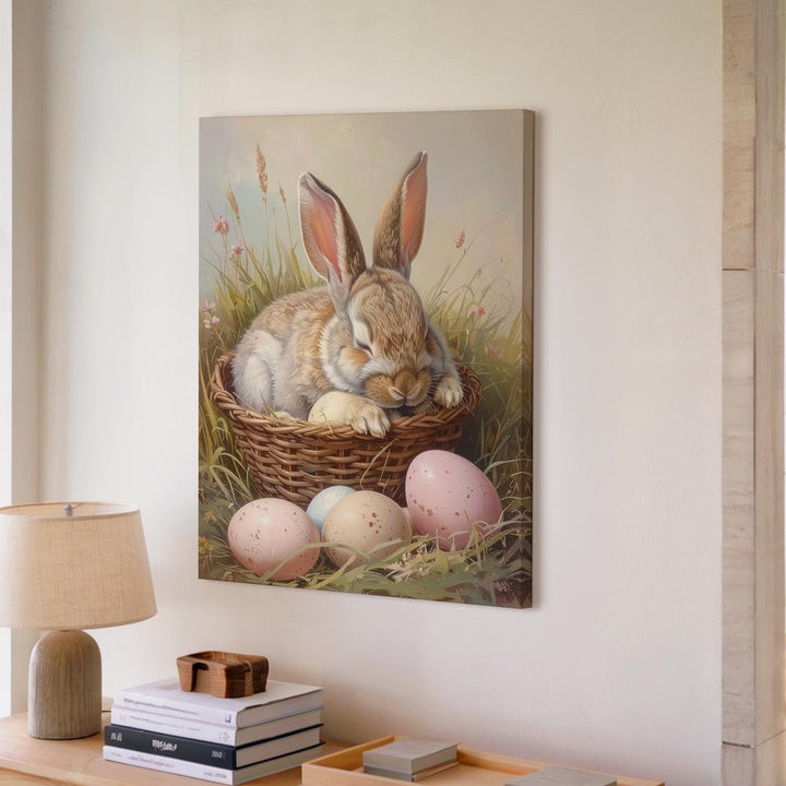 Sleeping Rabbit in Basket Canvas – Serene Spring Scene with Pastel Eggs - Gifitto