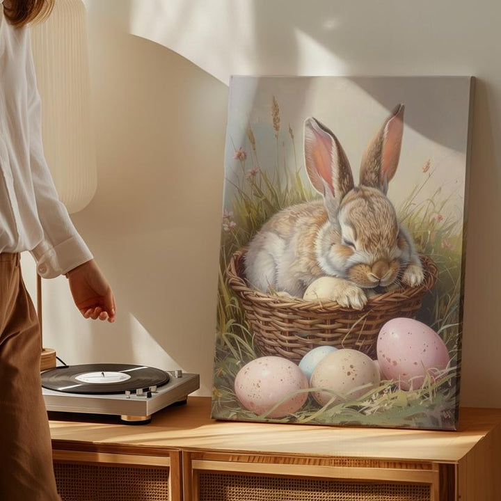 Sleeping Rabbit in Basket Canvas – Serene Spring Scene with Pastel Eggs - Gifitto