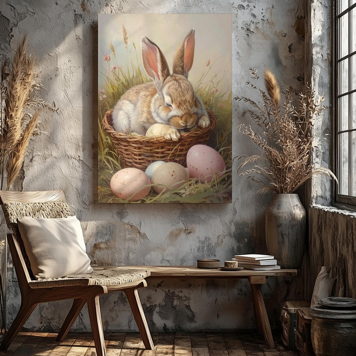 Sleeping Rabbit in Basket Canvas – Serene Spring Scene with Pastel Eggs - Gifitto