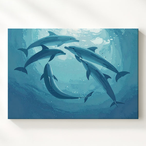 Dolphin Pod Circle Canvas – Stylized Top-Down Marine Illustration