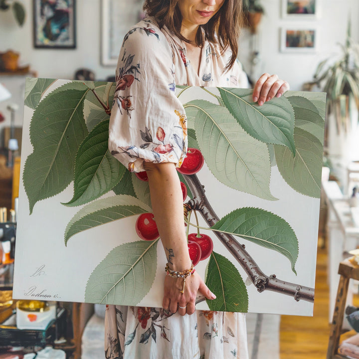 Vintage Botanical Cherry Branch Canvas – Realistic Naturalist Fruit Illustration - Gifitto